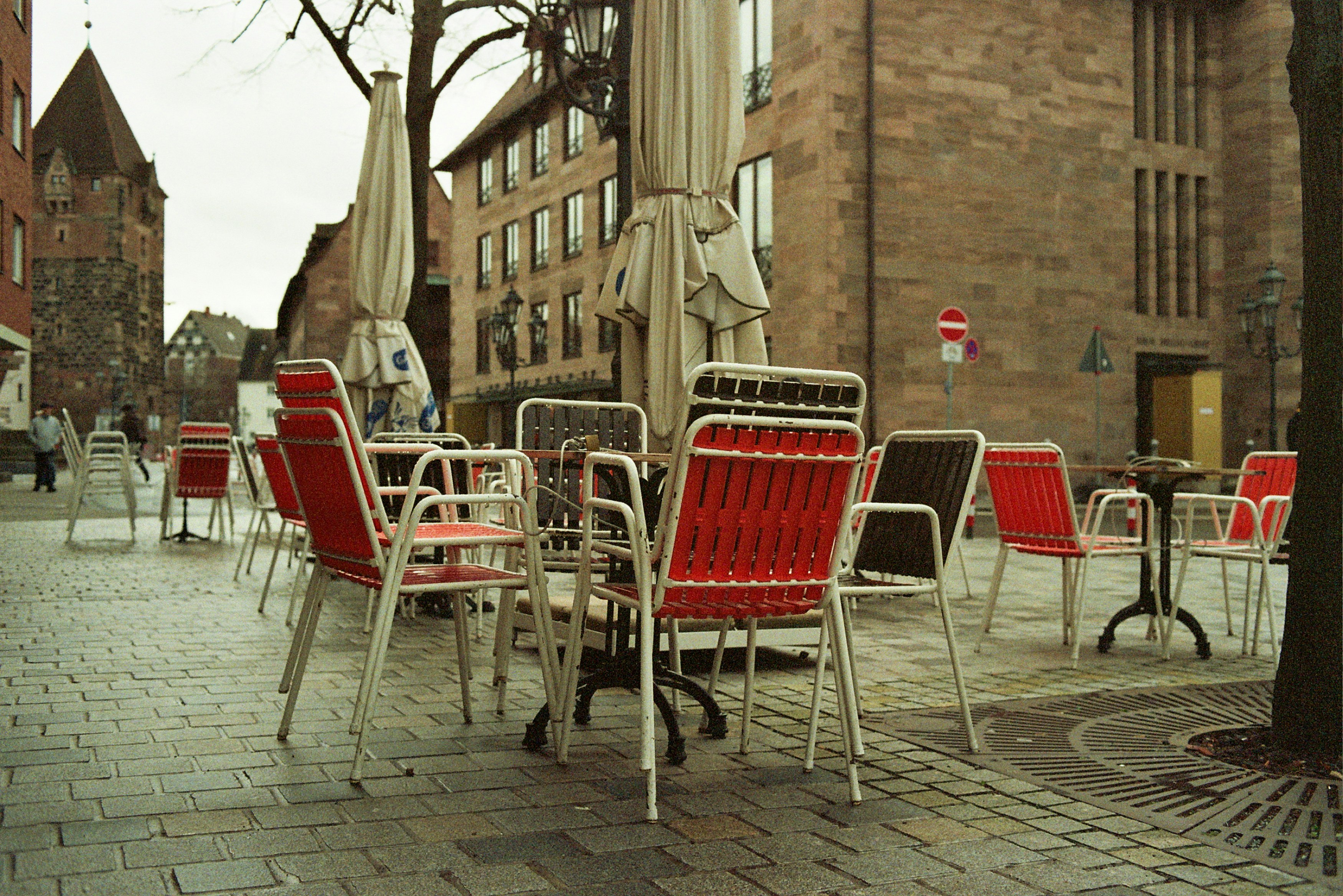 red and white chairs and tables